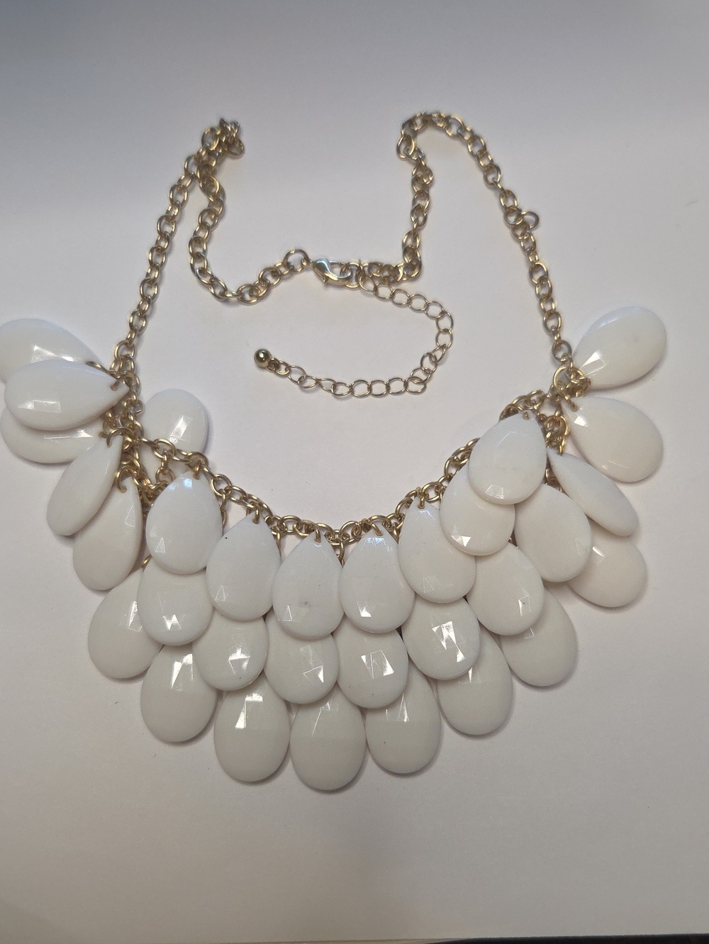 White Teardrop Bib Necklace with Gold Chain